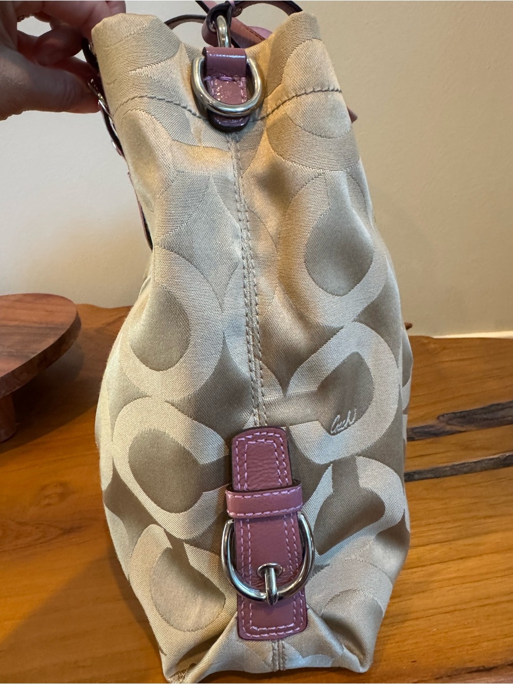 Coach Vintage Beige Signature Satchel with Pink Leather Trim - Picture 10 of 16